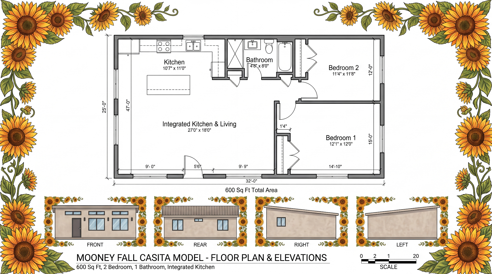 Mooney Fall floor plan — 600 sq ft 2 bed 1 bath casita