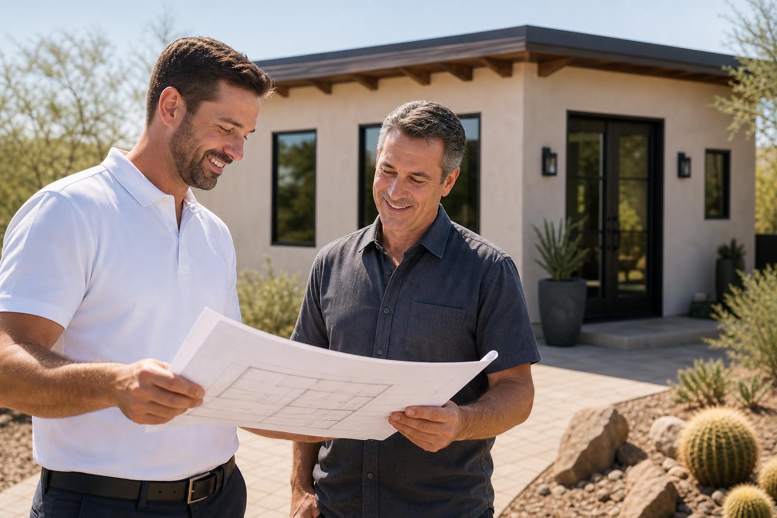 Sunflower Casitas specialist reviewing building plans with a homeowner outside a modern Arizona casita