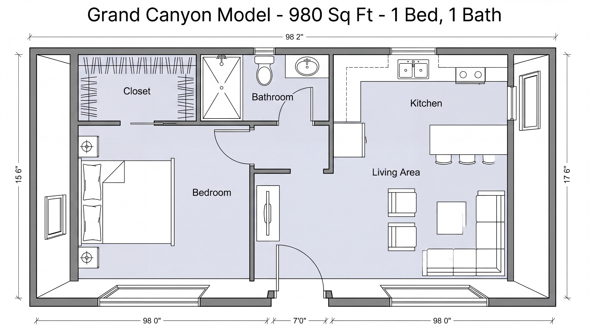 Grand Canyon floor plan — 980 sq ft 1 bed 1 bath casita