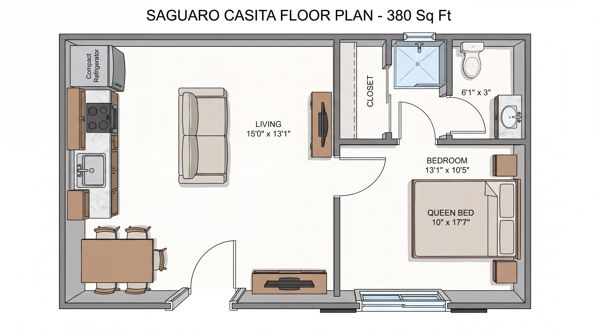 Saguaro floor plan — 380 sq ft 1 bed 1 bath casita