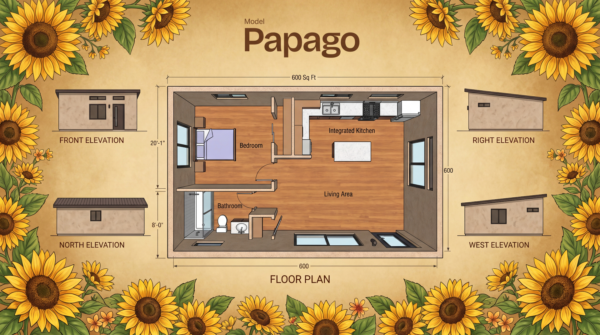 Papago floor plan — 600 sq ft 1 bed 1 bath casita